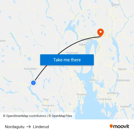 Nordagutu to Linderud map