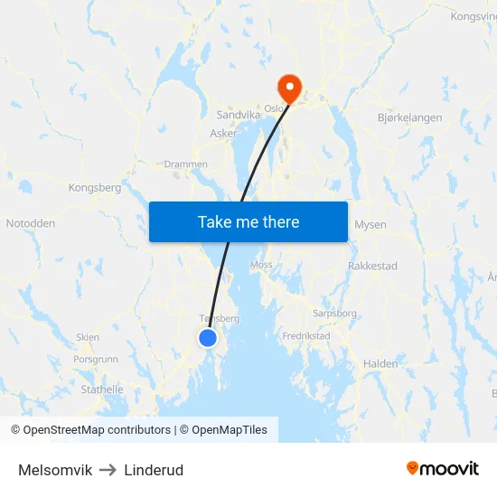 Melsomvik to Linderud map