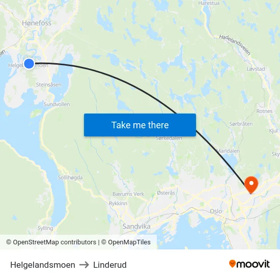 Helgelandsmoen to Linderud map