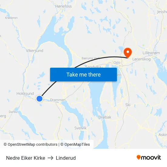 Nedre Eiker Kirke to Linderud map