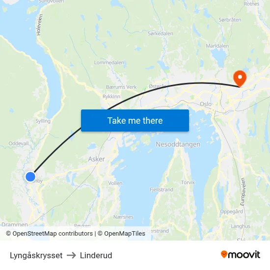 Lyngåskrysset to Linderud map