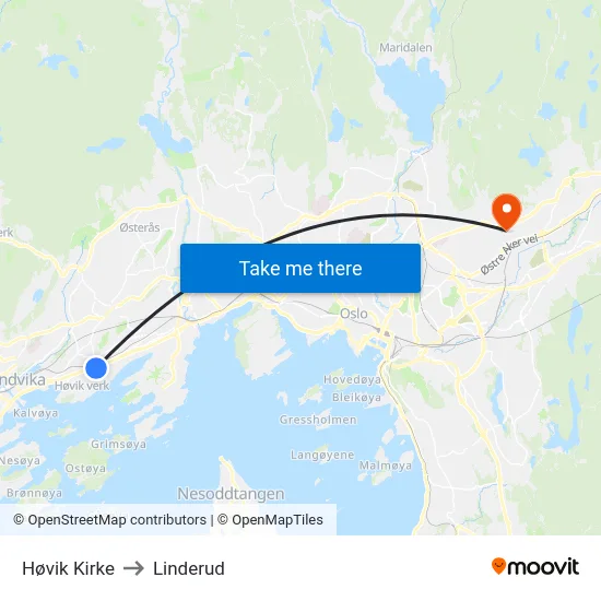 Høvik Kirke to Linderud map