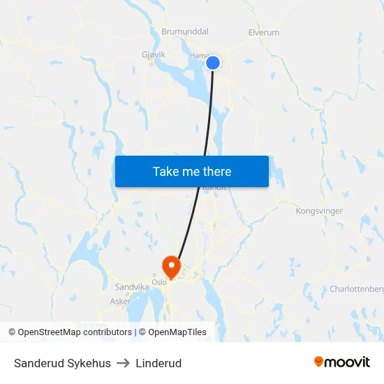 Sanderud Sykehus to Linderud map