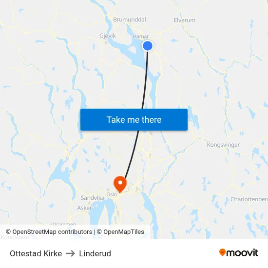 Ottestad Kirke to Linderud map