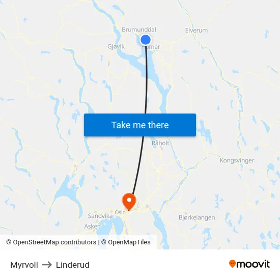 Myrvoll to Linderud map