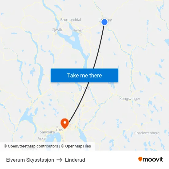 Elverum Skysstasjon to Linderud map