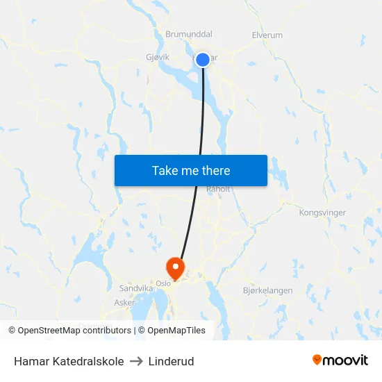 Hamar Katedralskole to Linderud map