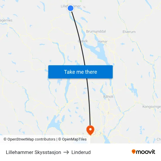 Lillehammer Skysstasjon to Linderud map