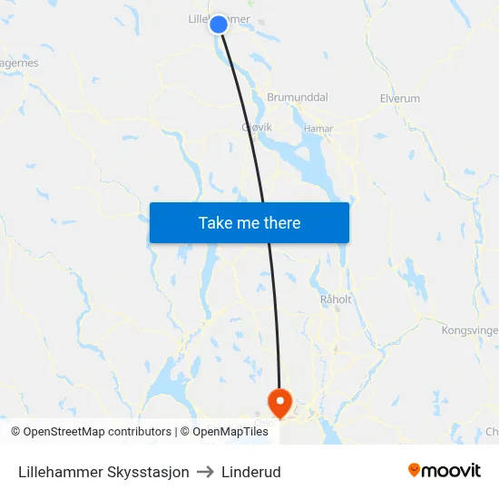 Lillehammer Skysstasjon to Linderud map