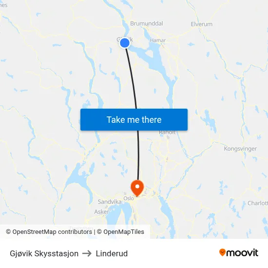 Gjøvik Skysstasjon to Linderud map