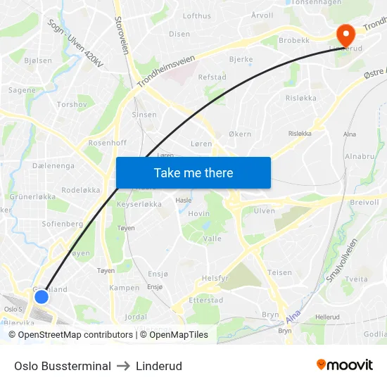 Oslo Bussterminal to Linderud map