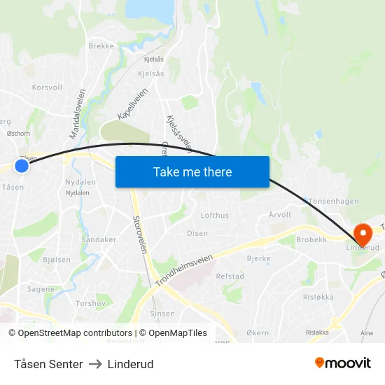 Tåsen Senter to Linderud map