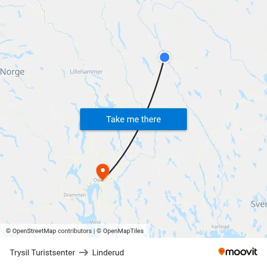 Trysil Turistsenter to Linderud map