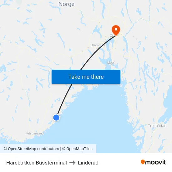 Harebakken Bussterminal to Linderud map