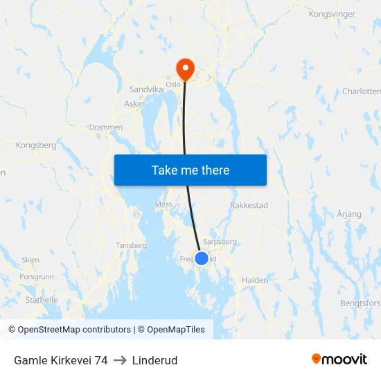 Gamle Kirkevei 74 to Linderud map
