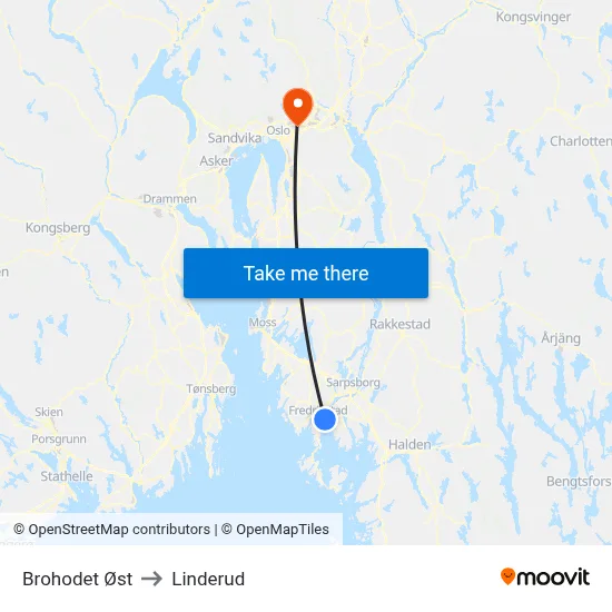 Brohodet Øst to Linderud map