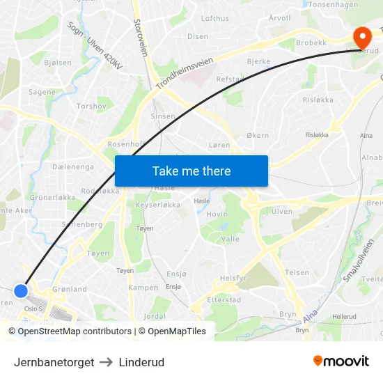 Jernbanetorget to Linderud map