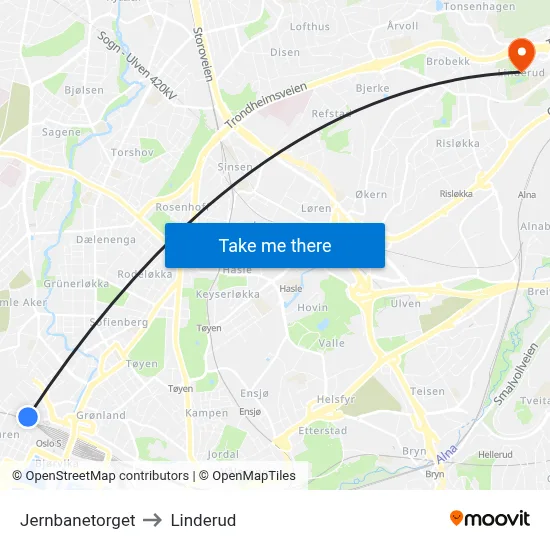 Jernbanetorget to Linderud map