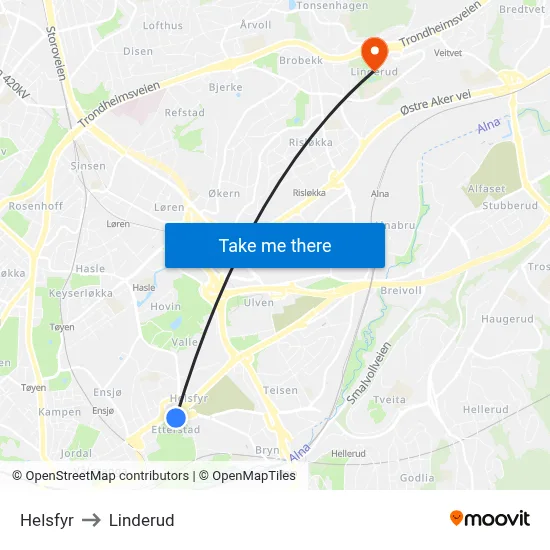 Helsfyr to Linderud map