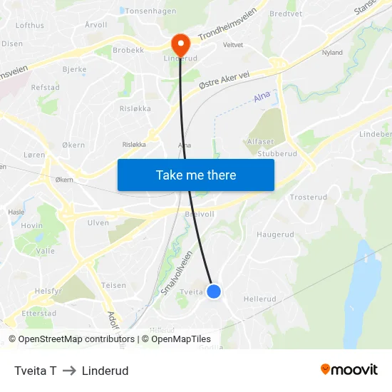 Tveita T to Linderud map