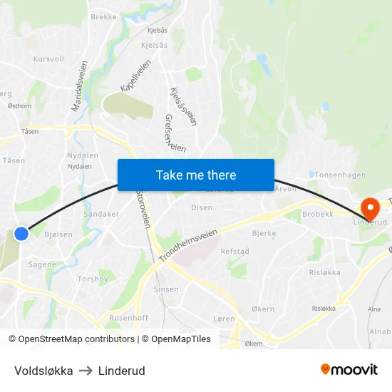 Voldsløkka to Linderud map
