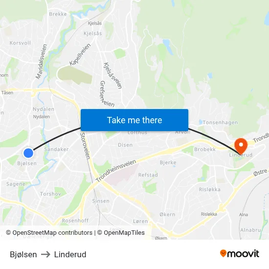 Bjølsen to Linderud map