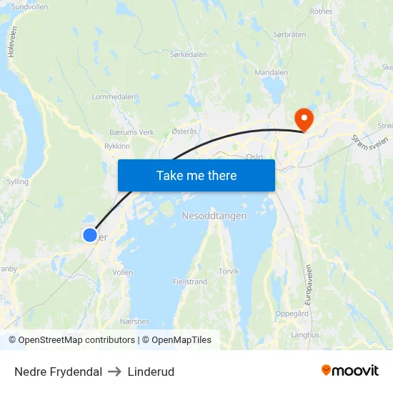 Nedre Frydendal to Linderud map