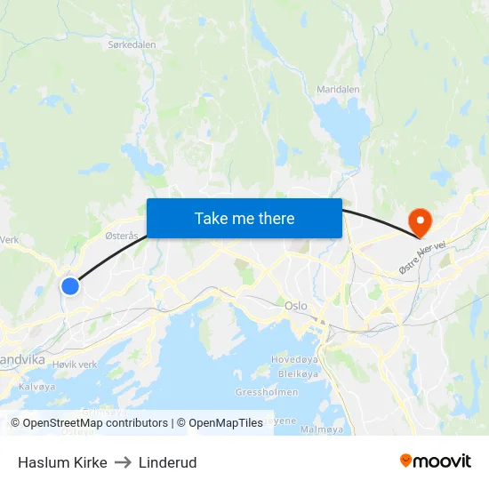 Haslum Kirke to Linderud map