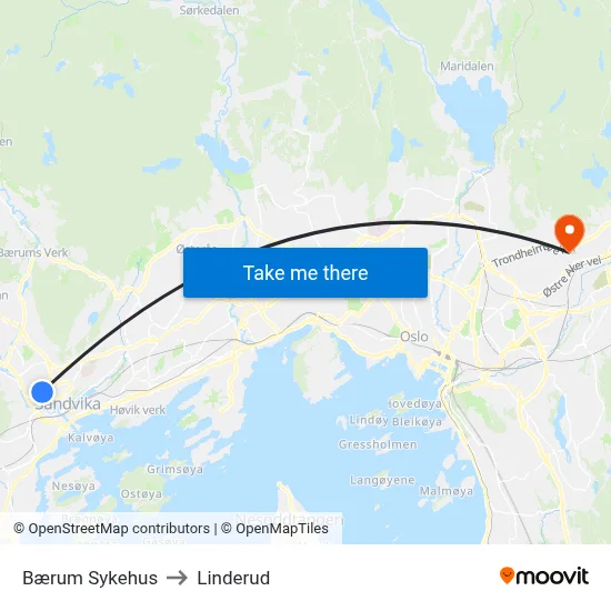 Bærum Sykehus to Linderud map