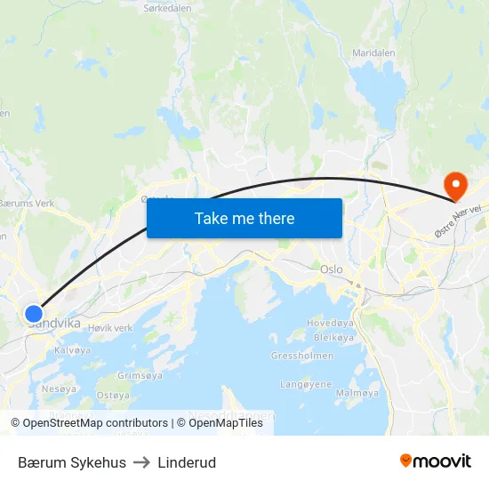 Bærum Sykehus to Linderud map