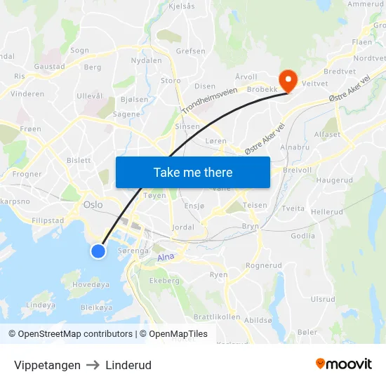 Vippetangen to Linderud map