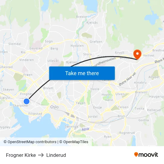 Frogner Kirke to Linderud map