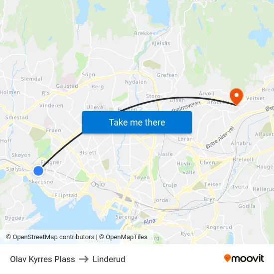 Olav Kyrres Plass to Linderud map