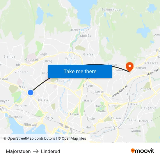 Majorstuen to Linderud map