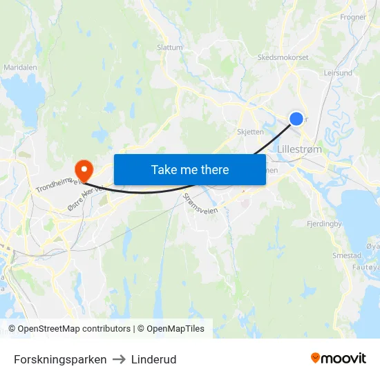 Forskningsparken to Linderud map