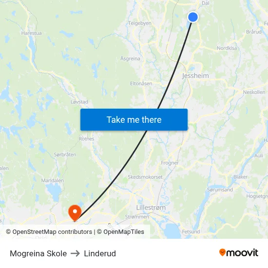 Mogreina Skole to Linderud map
