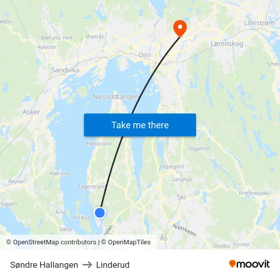 Søndre Hallangen to Linderud map