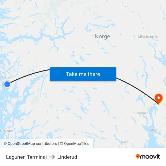 Lagunen Terminal to Linderud map