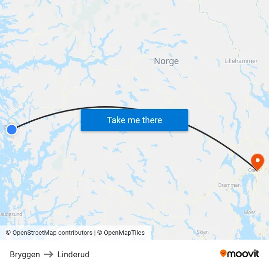 Bryggen to Linderud map