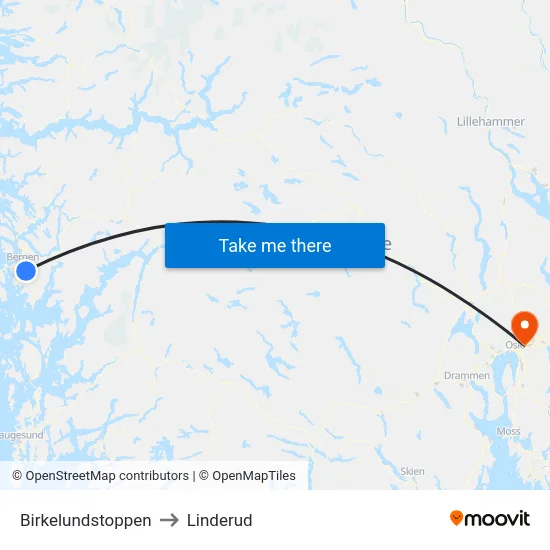 Birkelundstoppen to Linderud map