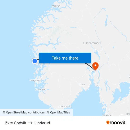 Øvre Godvik to Linderud map