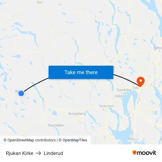 Rjukan Kirke to Linderud map