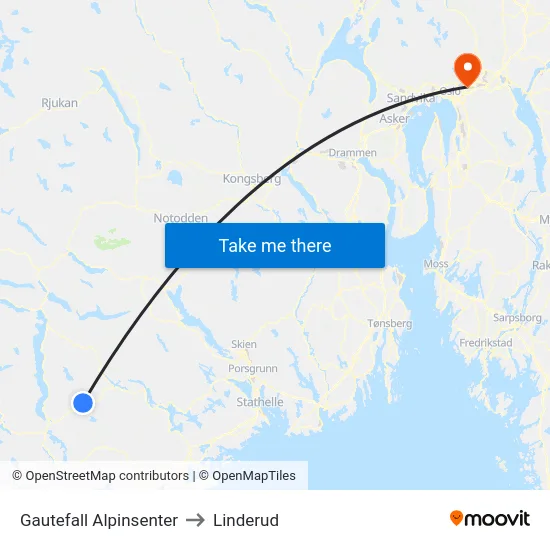 Gautefall Alpinsenter to Linderud map