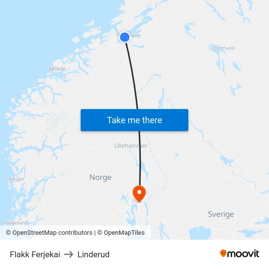 Flakk Ferjekai to Linderud map