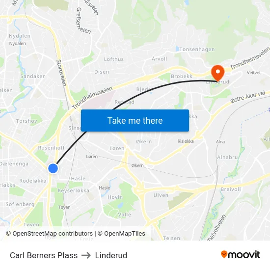 Carl Berners Plass to Linderud map