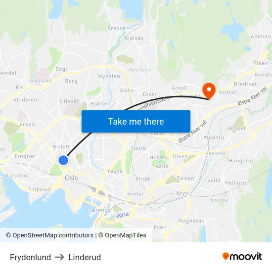Frydenlund to Linderud map