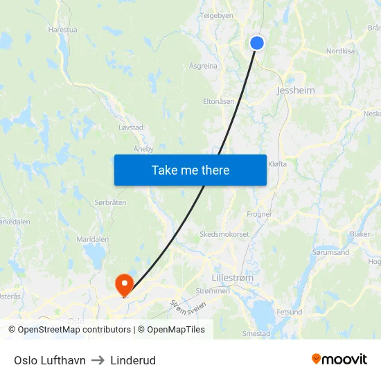 Oslo Lufthavn to Linderud map