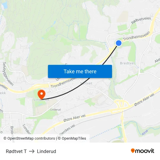 Rødtvet T to Linderud map