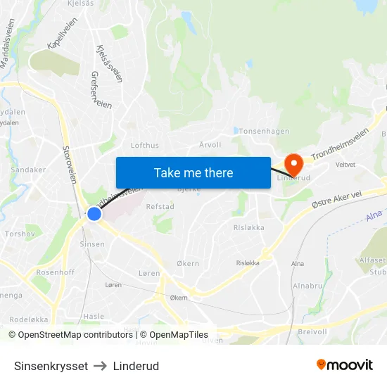 Sinsenkrysset to Linderud map