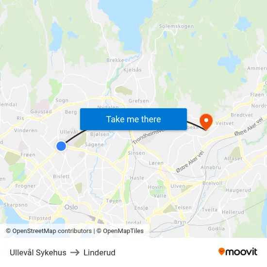 Ullevål Sykehus to Linderud map